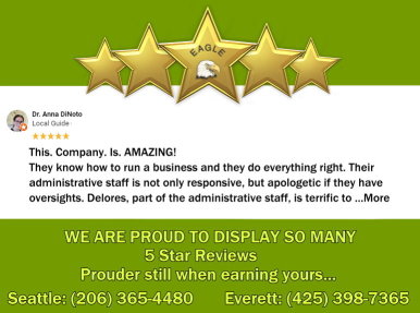 Customer testimonial displayed on a white and green background with company logo and five gold stars overlayed.