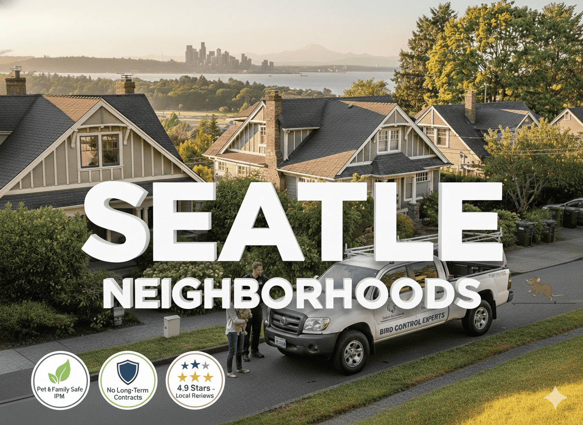 Seattle neighborhood homes with a view of the downtown skyline across the water, with a service truck parked on the street