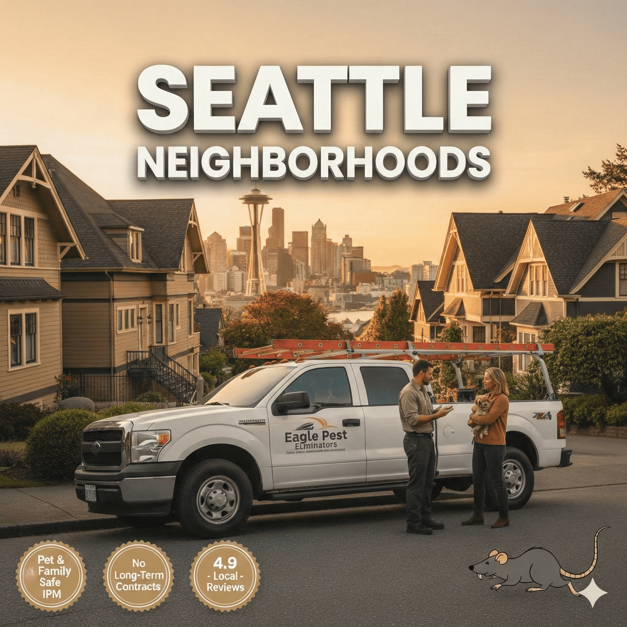 Seattle Pest Control by Neighborhood | Eagle Pest Seattle neighborhood homes with a view of the downtown skyline across the water, with a service truck parked on the street
