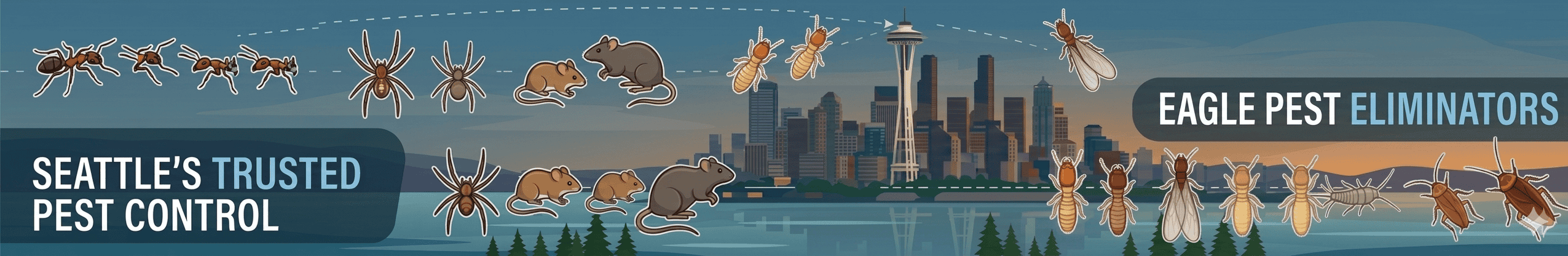 A long, horizontal graphic banner promoting Seattle Pest Control. It shows simple drawings of common pests on dotted lines, a view of the Seattle skyline with the Space Needle at sunset, and clear brand text. Pests depicted include ants, spiders, mice, rats, termites, silverfish, and cockroaches. Text reads: