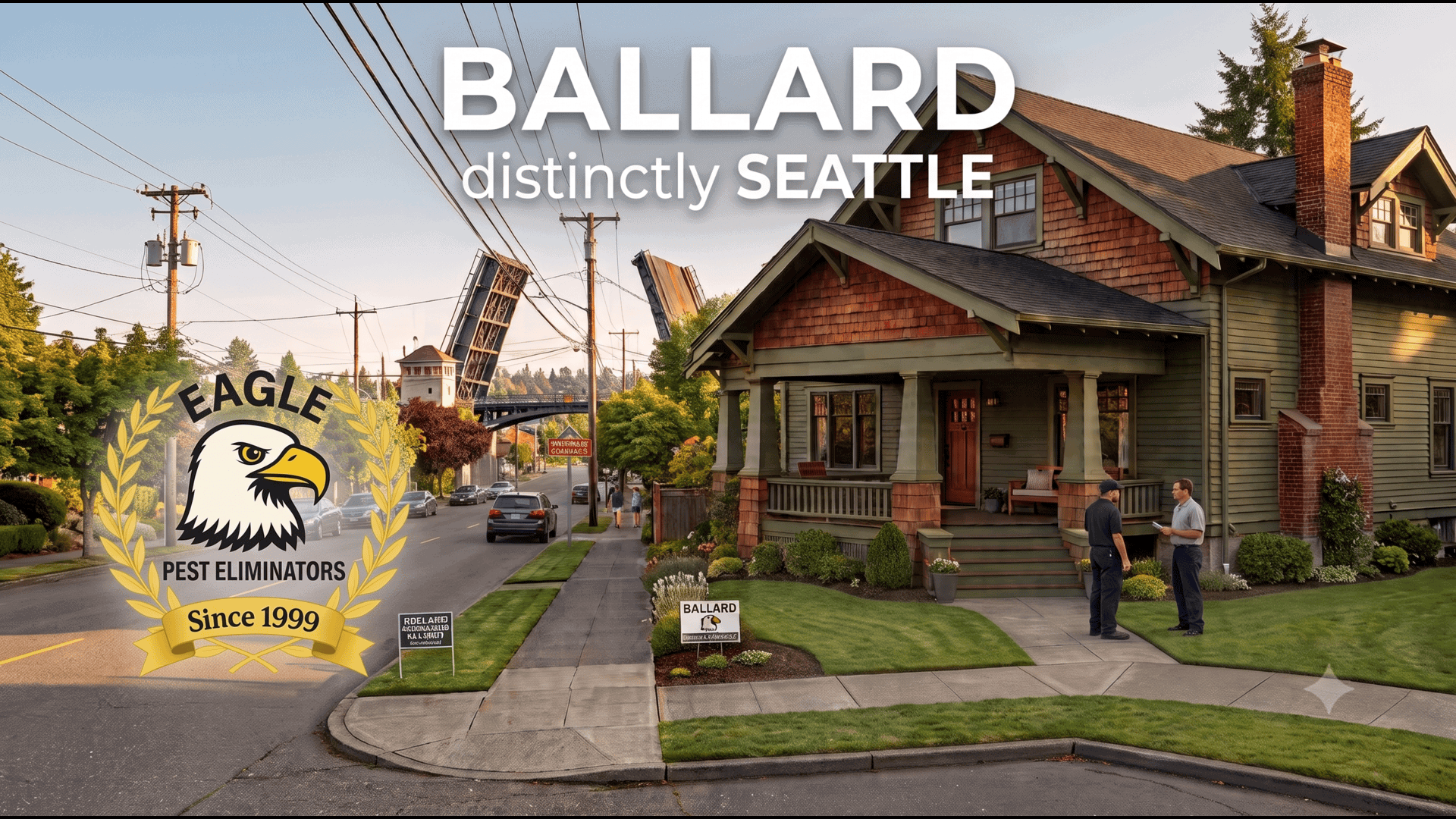 Branded photo of a well-maintained green Ballard, Seattle home. Eagle Pest Eliminators 'Since 1999' logo and one professional technician consulting with homeowner in the yard. The large title overlay reads 'BALLARD, distinctly SEATTLE' under a soft sky with utility lines and a bridge structure.