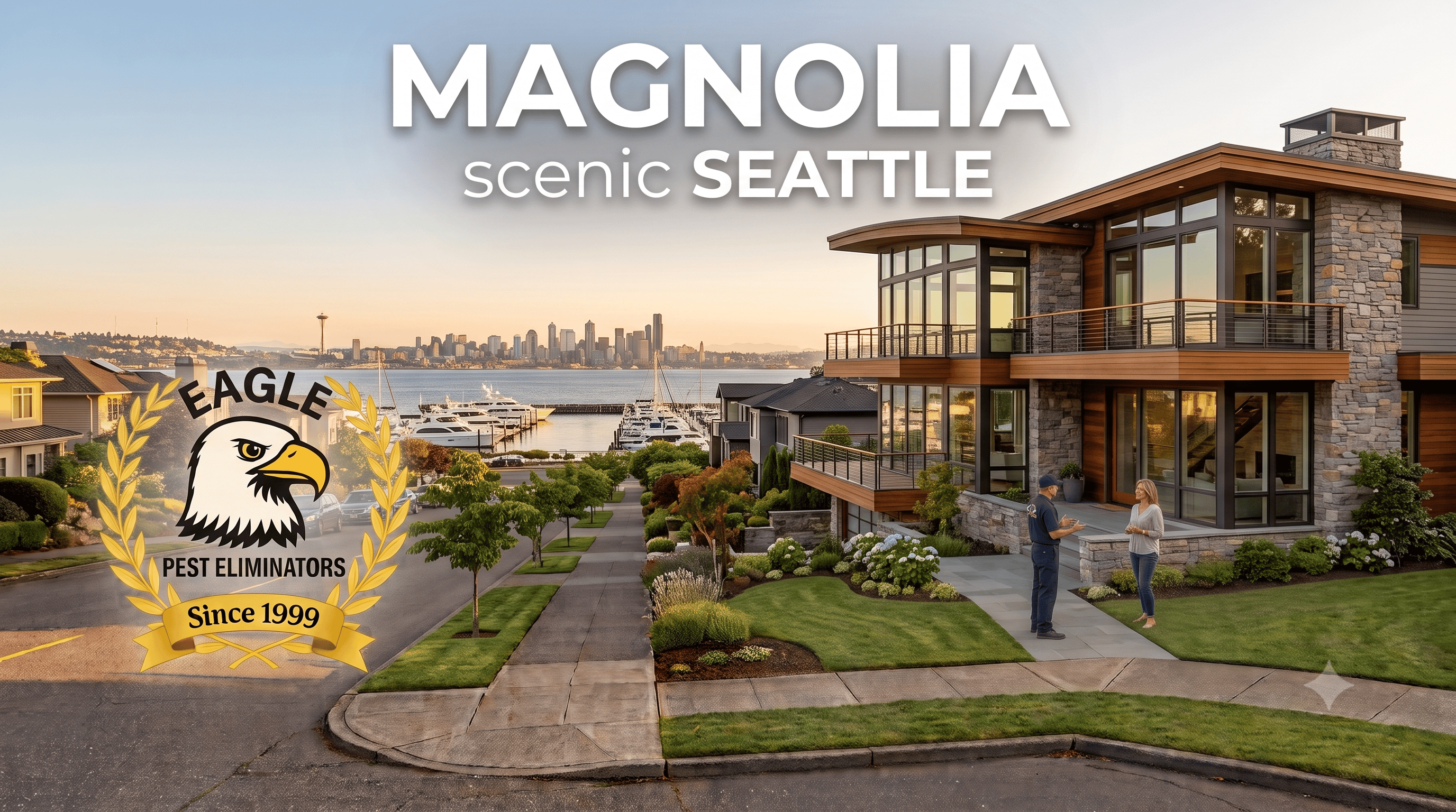 Magnolia, Seattle, WA home on a hillside a neighborhood of Seattle, Washington, with a large, gold Eagle Pest Eliminators 'Since 1999' wreath logo in the foreground and a panoramic view of the Seattle skyline and Space Needle in the background. One pest control professional are conversing with homeowner.